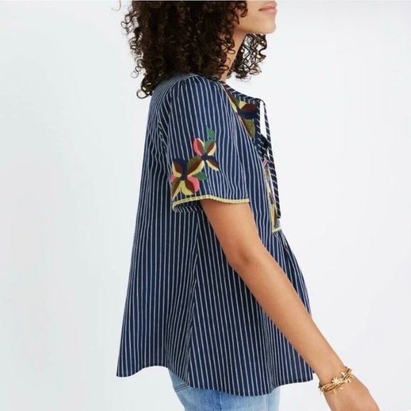 Madewell Women’s Blue Floral Embroidered Pinstripe Fable Shirt - Picture 3 of 7